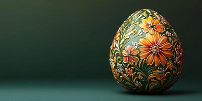 Beautifully detailed decorative egg crafted with vibrant flowers and intricate patterns displayed on a dark background photo