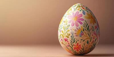 Decorative egg with colorful floral patterns displayed on a wooden surface in a warm setting photo
