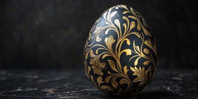 Ornately decorated egg with intricate gold floral patterns on a dark marble background photo