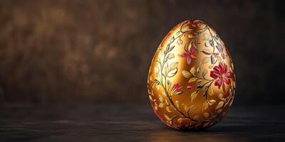 Intricate golden egg decorated with floral patterns displayed on a dark surface in soft lighting photo