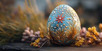 Decorative blue egg adorned with gold patterns and floral designs displayed among natural elements photo
