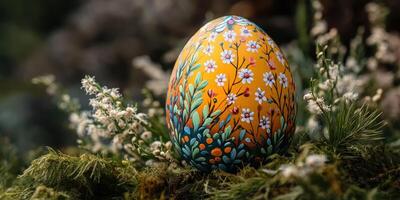 Decorative egg resting on moss and wildflowers in a serene natural setting during springtime photo