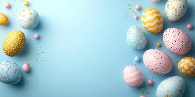 Colorful Easter eggs decorated with patterns and sprinkles on a light blue background photo