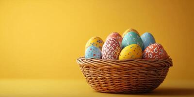 Colorful decorated Easter eggs in a woven basket on a vibrant yellow background photo