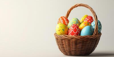 Colorful Easter eggs in a woven basket displayed on a neutral background during spring celebration photo