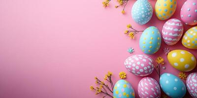 Colorful Easter eggs and flowers arranged on a pink background celebrating spring festivities photo