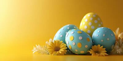 Colorful Easter eggs with polka dots arranged among yellow flowers on a bright yellow background photo