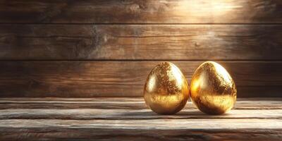 Golden eggs resting on a rustic wooden table illuminated by warm light in a cozy setting photo
