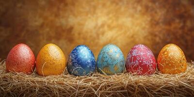 Colorful decorated Easter eggs arranged on straw background in festive spring setting photo