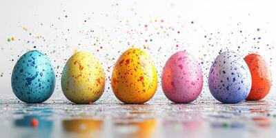 Colorful decorated eggs lined up on a shiny surface surrounded by vibrant confetti and sparkles for a festive celebration photo