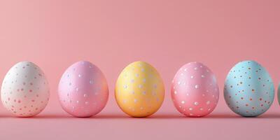 Colorful decorated eggs arranged on a pastel pink background for Easter celebrations and spring festivities in joyful ambiance photo