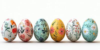 Decorative eggs featuring floral designs arranged in a colorful display on a light background during spring season photo