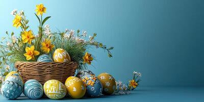 Colorful Easter eggs and flowers arranged in a basket for spring celebration at home photo
