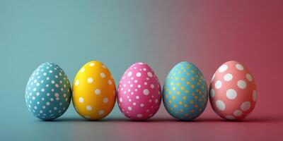Colorful decorated eggs arranged in a row against a pastel gradient background during spring festivities photo