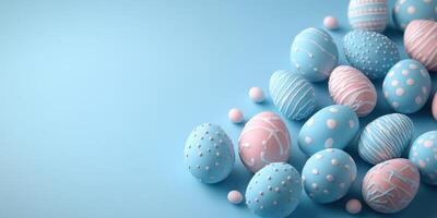 Colorful decorated Easter eggs arranged on a blue background for festive spring celebrations photo