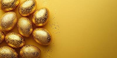 Decorative golden eggs arranged on a vibrant yellow background for spring celebration photo