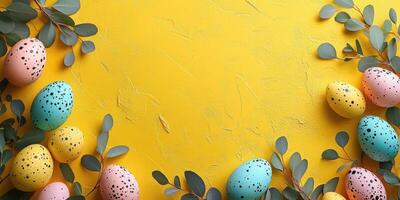 vistoso Pascua de Resurrección huevos y verdor arreglado hermosamente en un vibrante amarillo antecedentes para primavera celebraciones foto