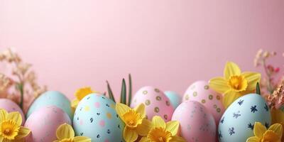 Colorful Easter eggs surrounded by bright flowers create a joyful spring atmosphere photo
