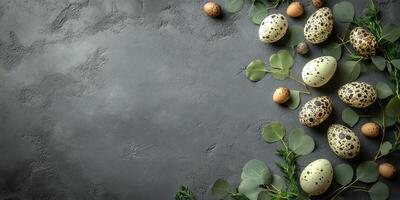 Colorful quail eggs arranged with fresh greenery on a dark textured surface for spring decoration photo