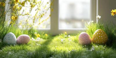 Colorful Easter eggs on lush green grass with flowers and sunlight illuminating a cozy indoor space photo