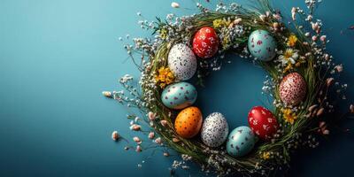 Colorful Easter egg wreath decorated with flowers on a vibrant background for spring celebration photo