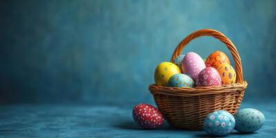 Colorful Easter eggs in a woven basket on a teal background create a festive atmosphere for spring celebrations photo