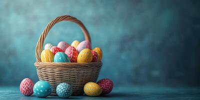 Colorful decorated eggs in a wicker basket arranged on a blue background for Easter celebration photo