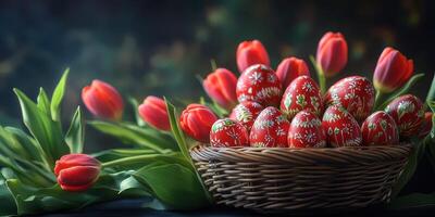 Colorful decorated eggs and fresh tulips arranged beautifully in a wicker basket for spring celebration photo