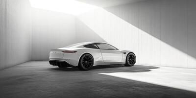 Modern white sports car parked in a minimalist concrete space with natural light filtering through the ceiling photo