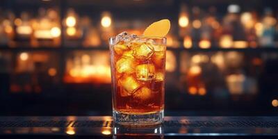 Classic cocktail with ice and orange garnish served in a cozy bar setting at night photo