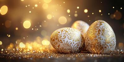 Elegant decorative eggs with golden patterns and sparkles create a festive atmosphere for spring celebrations photo
