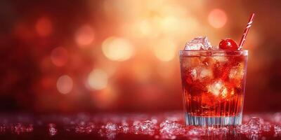 Brightly colored cocktail on a shimmering bar counter with ice and a cherry garnish at a lively evening gathering photo