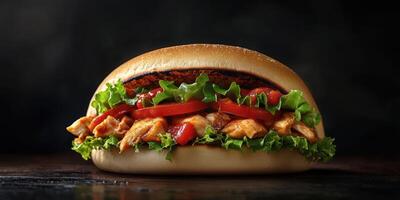 Delicious grilled chicken sandwich with fresh vegetables on a dark background photo