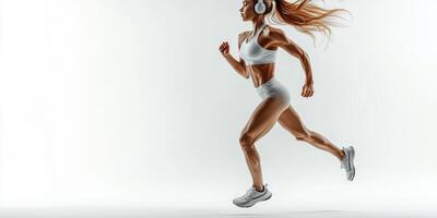 Dynamic woman running in sports attire with headphones, capturing the essence of fitness and movement in a minimalist environment photo