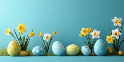 Colorful Easter eggs and blooming daffodils create a vibrant spring display against a blue background with greenery photo