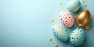 Colorful decorated eggs arranged on a pastel backdrop for an Easter celebration in spring photo