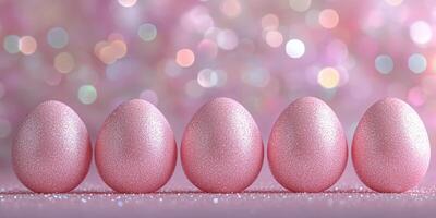 Sparkling pink eggs arranged in a line against a soft, colorful bokeh background during festive decoration preparations photo