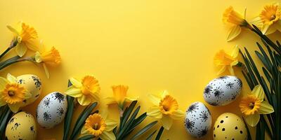 Festive spring celebration with yellow flowers and decorative eggs set against a bright backdrop photo