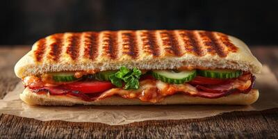 Deliciously toasted sandwich with fresh ingredients served on a wooden table in a cozy setting photo