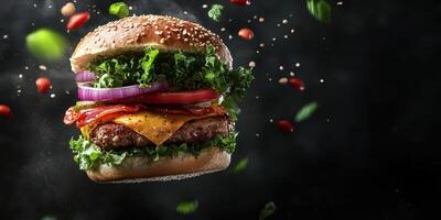 Delicious gourmet burger with fresh ingredients and vibrant toppings captured against a dark background photo