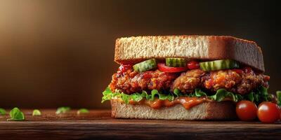 Delicious crispy chicken sandwich with fresh vegetables served on a wooden table photo