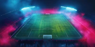 Exciting night at a vibrant soccer stadium with colorful lights and a misty atmosphere photo