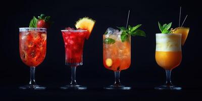 Colorful assortment of cocktails displayed elegantly against a dark background showcasing vibrant garnishes and refreshing ingredients photo