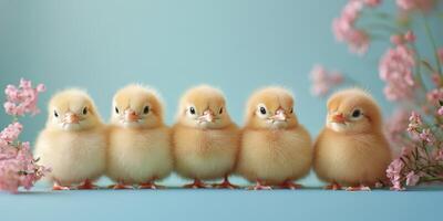 Cute fluffy chicks lined up with pink flowers in a cheerful setting photo