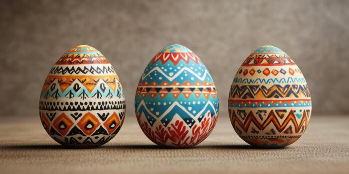 Colorful hand-painted Easter eggs with intricate designs displayed on a textured surface photo