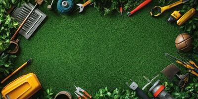 Tools and gardening supplies arranged on artificial grass, creating a vibrant workshop atmosphere for DIY projects photo