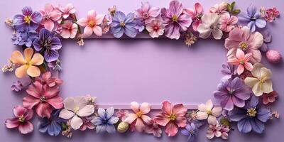 Colorful floral arrangement frames a blank space on a lavender background for creative displays or invitations photo