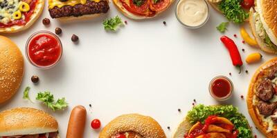 Delicious fast food spread featuring assorted burgers, sauces, and side dishes arranged on a white background photo