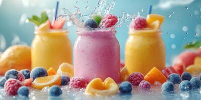 Colorful fruit smoothies surrounded by fresh fruit splash in vibrant summer scene photo