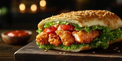 Delicious crispy chicken sandwich served with fresh vegetables and spicy sauce on a wooden table photo